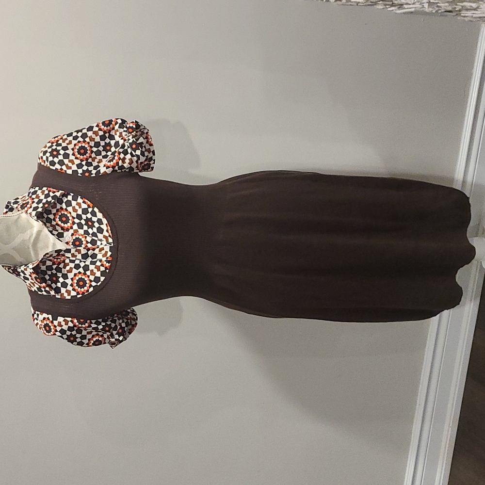 Tory Burch brown knit sweater dress with 100% collar and cuffs